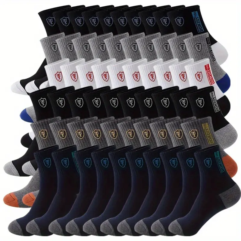 Men's Solid Crew Socks in 10-50 Pair Multipacks, Breathable & Sweat-Absorbing for Casual Business Wear in Spring & Autumn, Cartoon Print, Casual Basic, Sweat Absorbent Socks, Knee-Length, Machine Wash, Nylon Fiber, 50 Pairs, Calf High, Elegant, Male, Synt