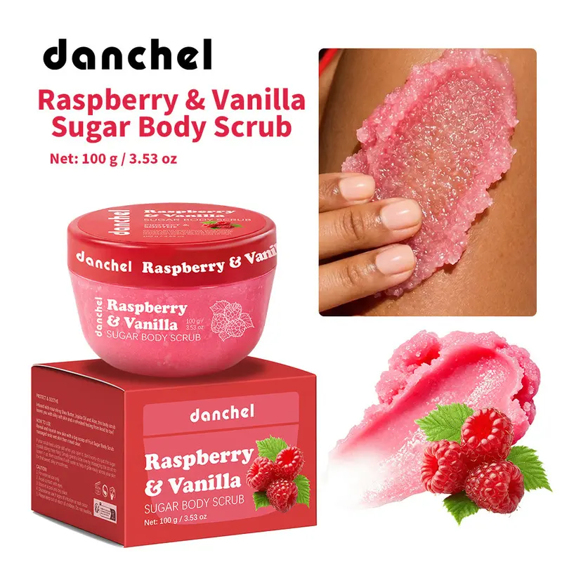 danchel Raspberry & Vanilla Sugar Body Scrub 100g, Gentle Sugar Granules Remove Keratosis & Dead Skin, Shea & Jojoba Oil Moisturize & Brighten Skin, Fragranced Full Body Exfoliating Wash Scrub