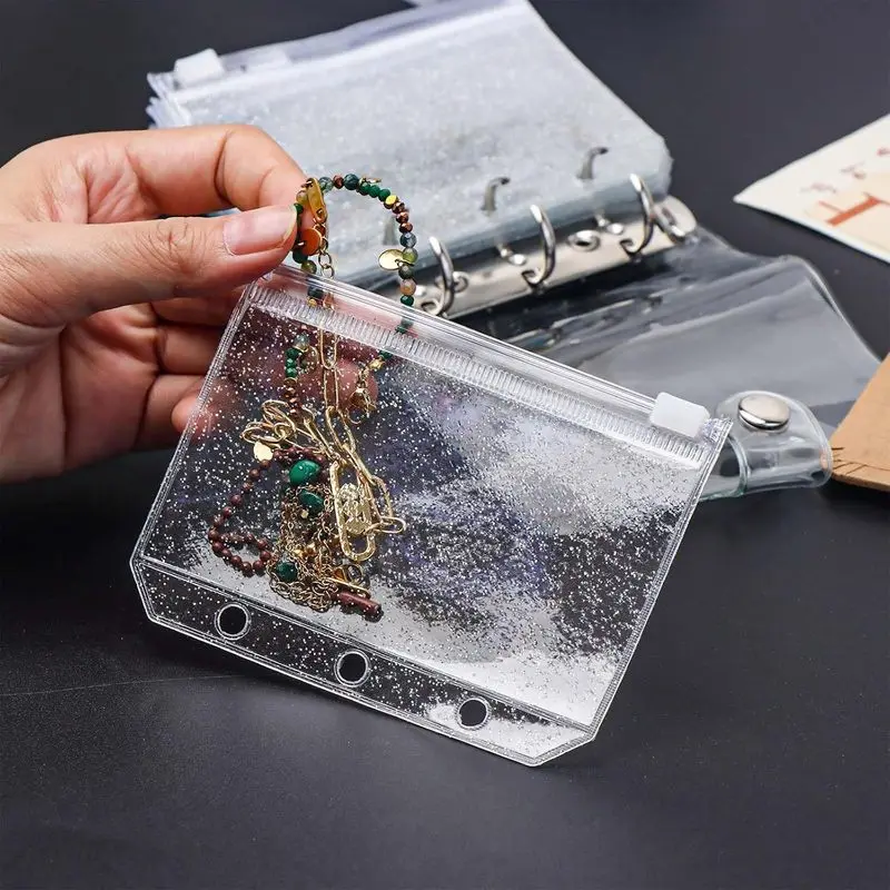 15 mini zipper binder pocket cash filled envelope transparent flash PVC 3-hole zipper binder pocket, suitable for three-ring binder plan.