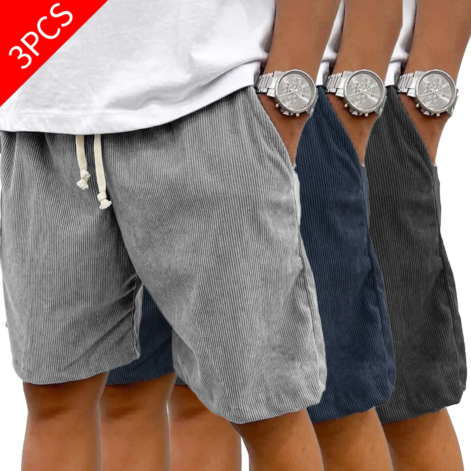 3PCS 2026 New American-style Men's Summer Casual Vintage Corduroy Shorts with Drawstring – Loose-Fit Trendy Athleisure Mid-Length Shorts, Suitable for Streetwear and Everyday Outfits.