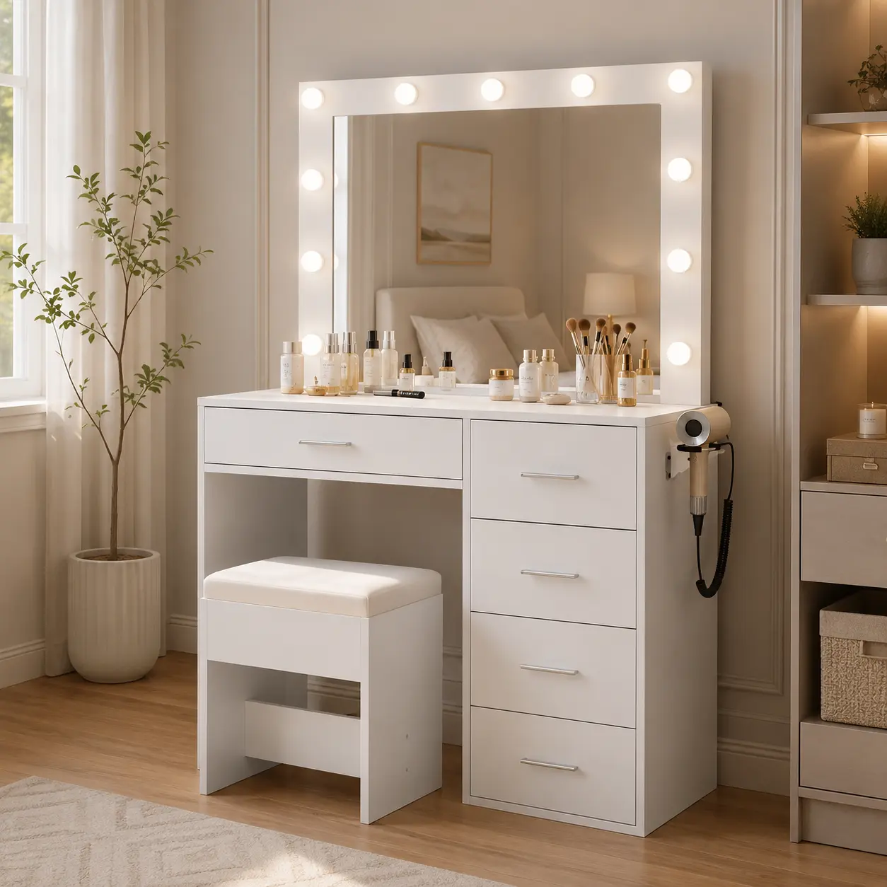37-inch dressing table with mirror and LED lights, equipped with power outlets and USB ports, featuring 3 lighting modes.The bedroom vanity includes 5 drawers and a matching stool, white finish