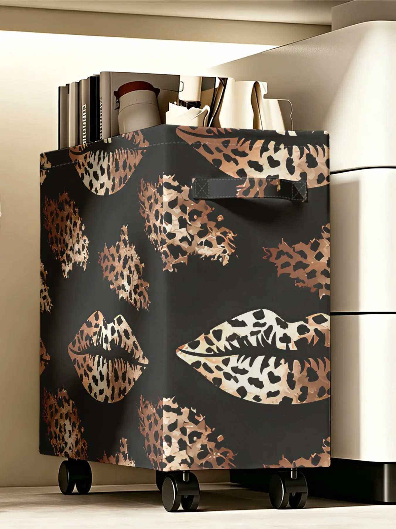 Open Storage Box with Leopard Print, Rolling Mobile Organizer with Handle, Open-Top Design for Bedroom, Study, Bathroom, Decorative Storage Containers