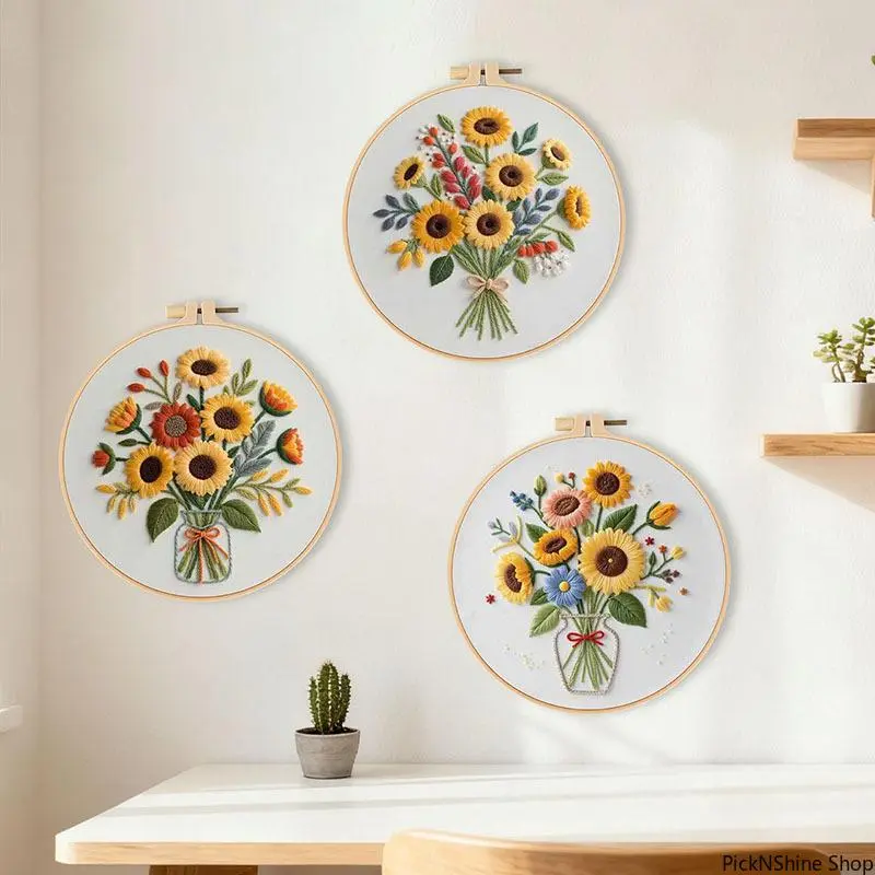 Sunflower Cross Stitch Kit for Beginners and Adults, 3 Piece European Style DIY Crafts Set for Wall Hanging Art & Home Decor, Synthetic, 3 Pieces, Embroidery
