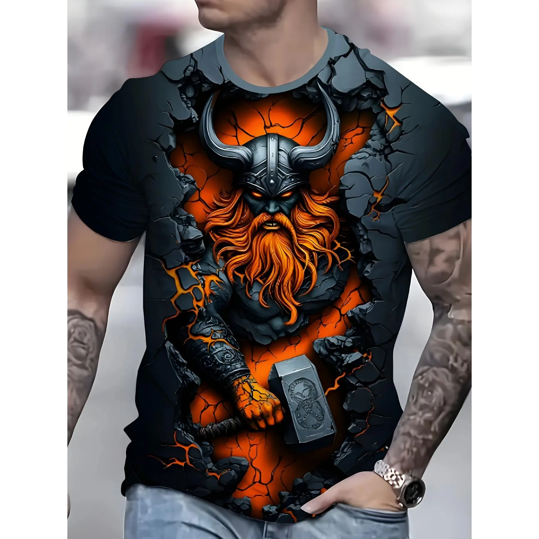 Men's Oversized Natural Cotton Soft Breathable Short-Sleeve Round Neck Viking Digital Print Top, Black Nordic Mythology Layer Tee with Stitched Hem, Durable Menswear Streetwear for Casual Summer & Loungewear - Leggings Pairing Compatible