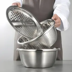3-In-1 Stainless Steel Strainer Set, Basin/sieve/cutter, Ideal for Washing Rice, Fruits, Vegetables, Kitchen Essentials