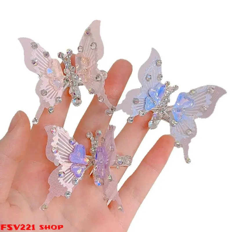 Sheer Mesh Crystal Butterfly Hair Pins, Iridescent Gradient Tulle Butterfly Hair Clips, Boho Bridal Hair Decor - Ideal for Wedding, Bridal Photoshoot, Prom, Daily Fairy & Cottagecore Styling Gradient Tulle Butterfly Hair Clips, Shiny Rhinestone Mesh Butte