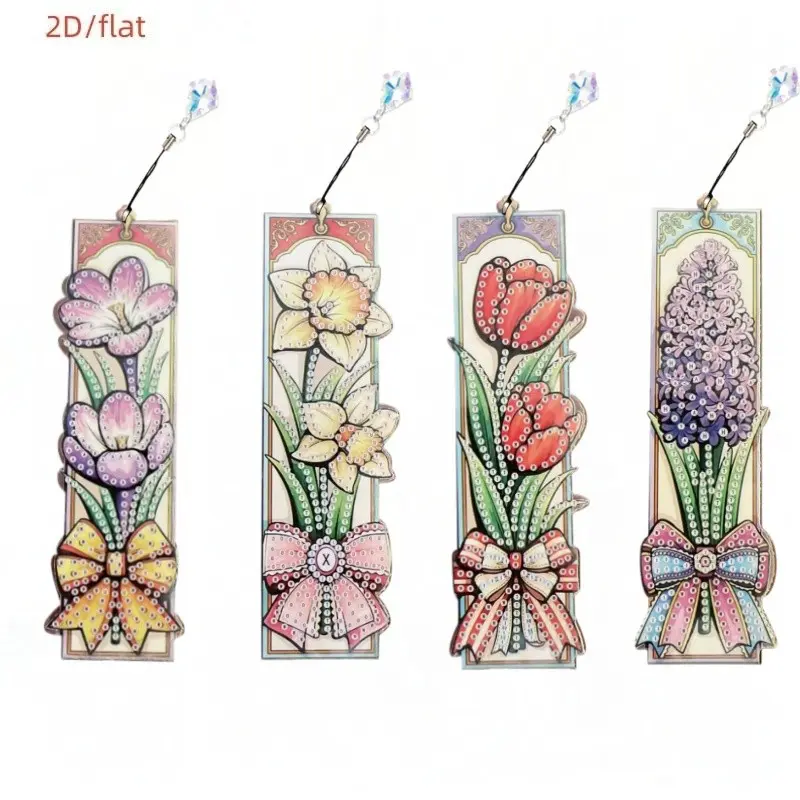 4-piece set of diamond-painted bookmarks, DIY floral bookmarks, home office, school classroom, crystal pendant bookmarks, suitable for beginners as handmade Christmas gifts, Book accessories