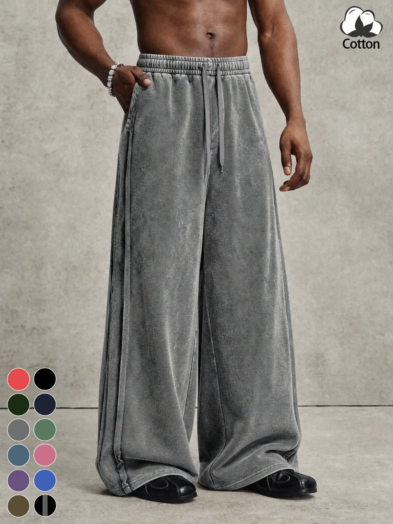 Soft Breathable Cotton Vintage Loose Wide Leg Sports Pants, Elastic High Waist Drawstring, Deep Side Pockets, Unisex, Multiple Colors