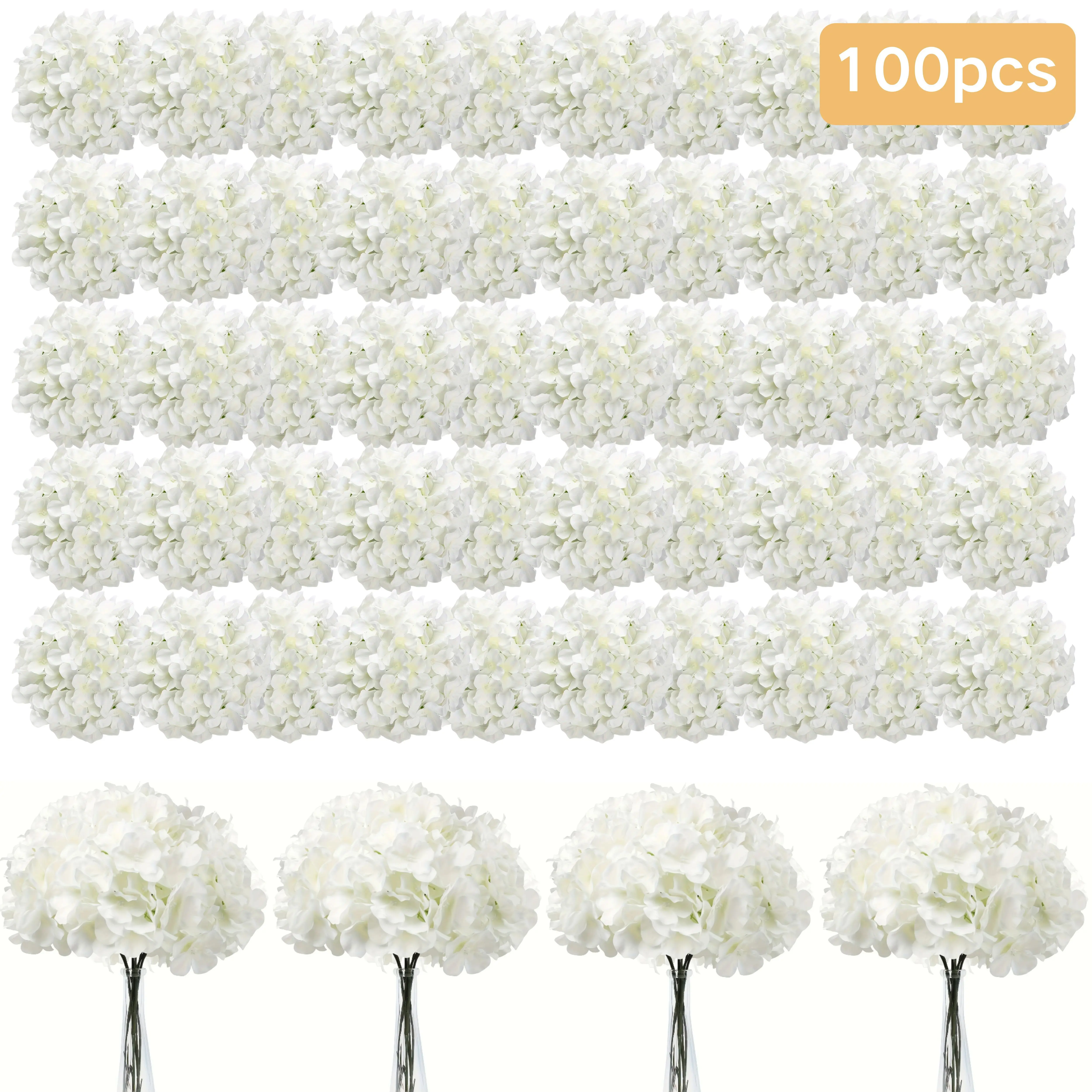 100pcs White Hydrangea Flower Heads with Wire Stems - Realistic Artificial Blooms Suitable for Wedding, Valentine' Day, & Outdoor Decor, Plastic Flowers for Centerpieces, Wreaths, Garlands, Table Settings
