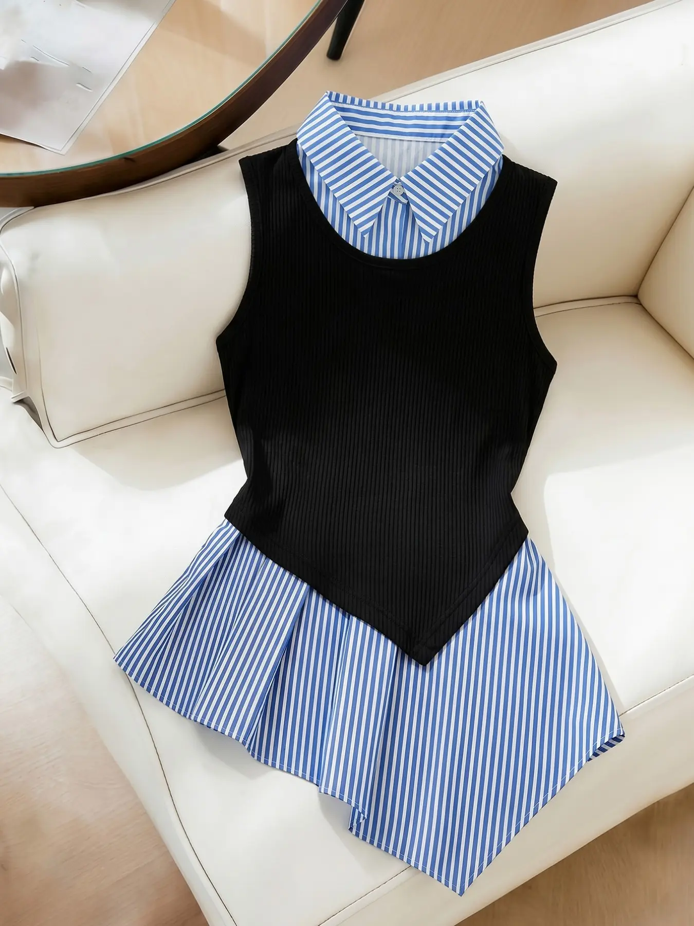 Summer Unique Design Asymmetric Hem Fake Two-Piece Shirt Patchwork Sleeveless Vest Slimming Waist Commuter Top, Stylish and Comfortable