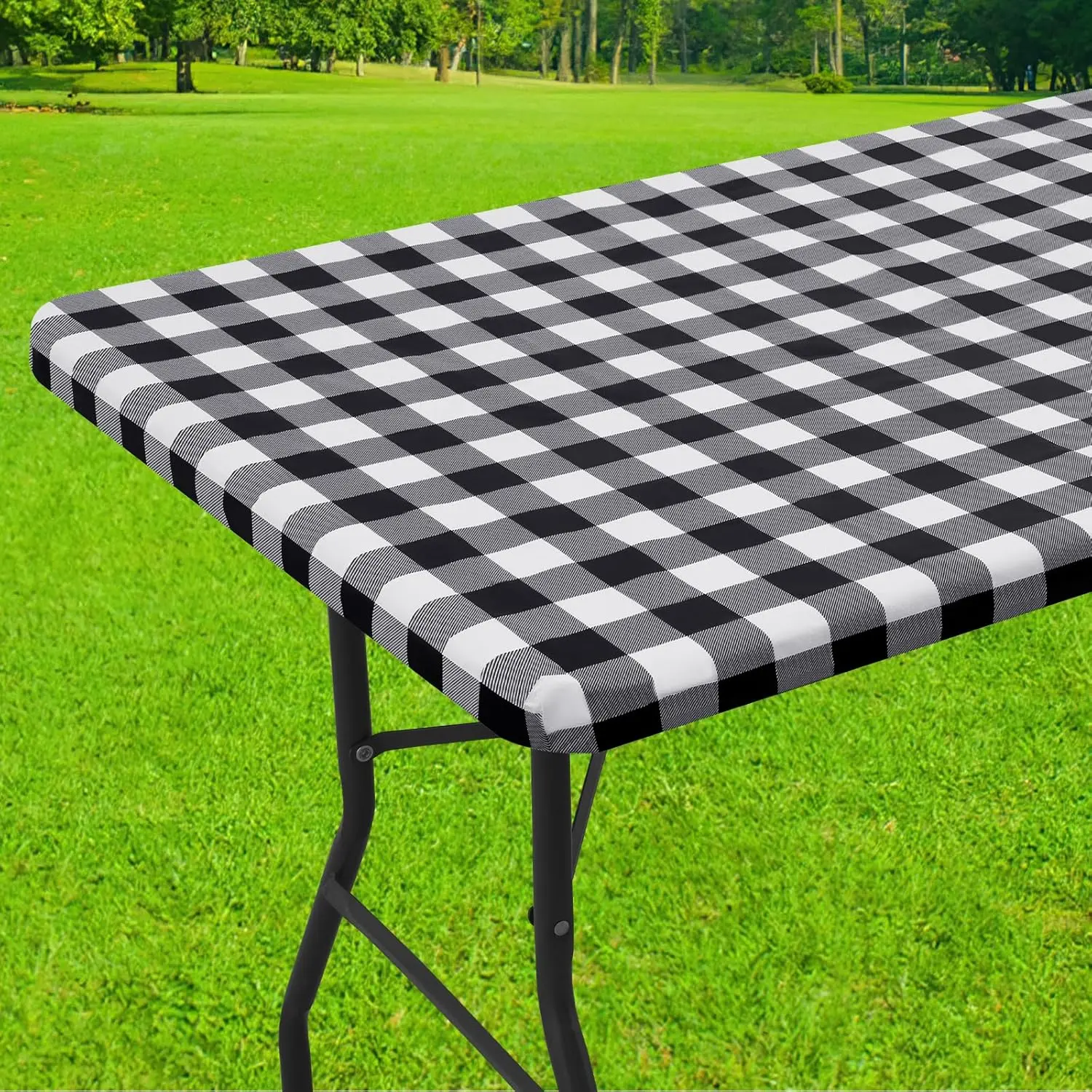 Rectangle Picnic Table Cloth, Elastic Waterproof Fitted Vinyl Tablecloths, Flannel Backed Buffalo Plaid Table Covers for Dining, Camping, Outdoor (Black and White, 30" x 72")