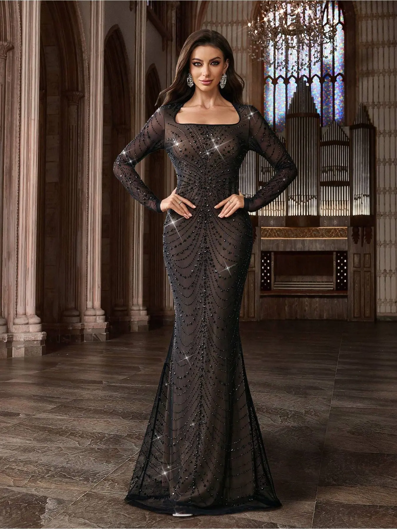 Classic Style Black Rhinestone Hot Drill Beading Square Neck Slim Long Sleeve Evening Wear Gown Dresses