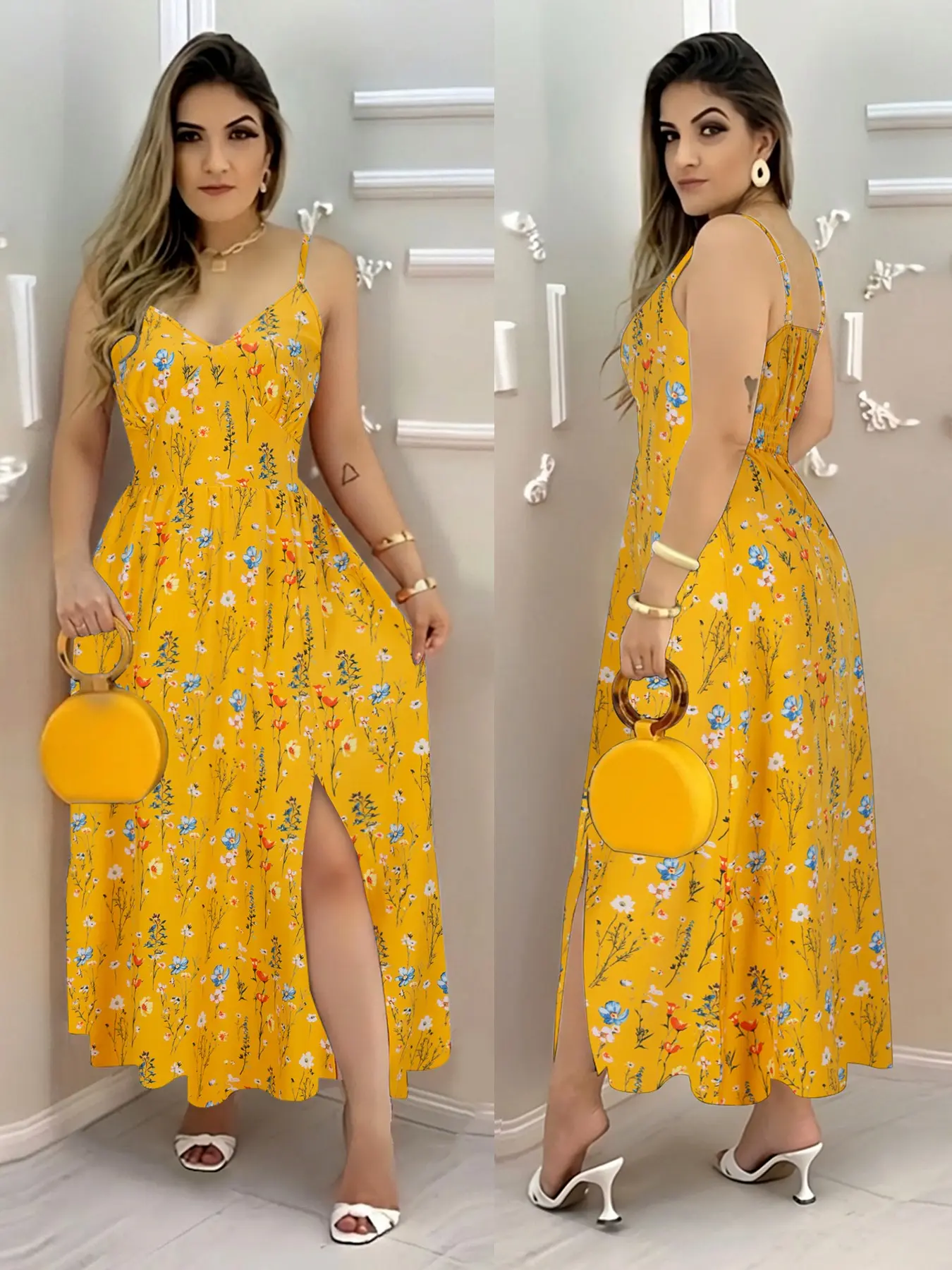 Boho V-Neck Print Dress for Women, Sleeveless Waist-Tied Split Design, Summer Fashion Long Dress, Perfect for Parties and Vacations, Bohemian Sleeveless Dress, Boho Style Dress