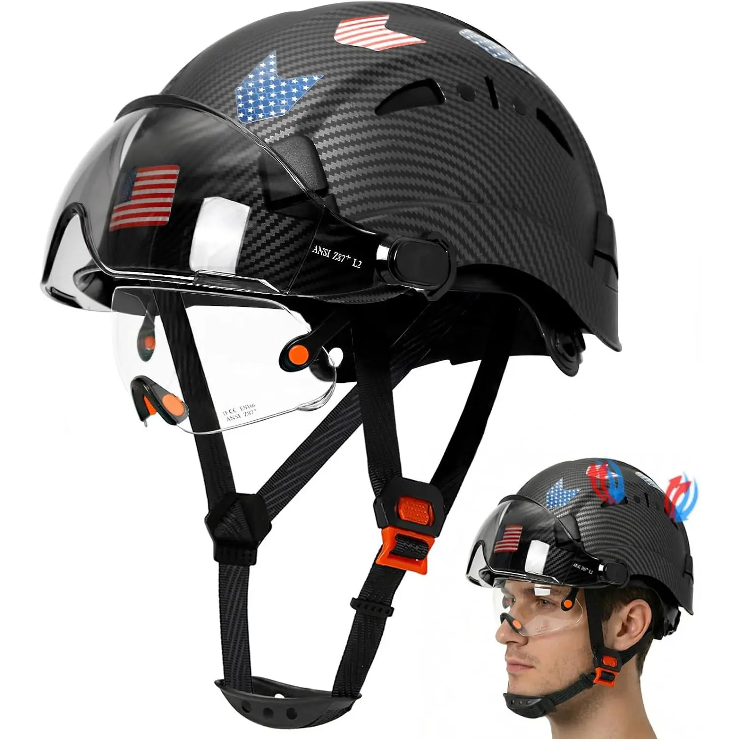 Carbon Fiber Pattern Head Guard with Dual Flip Visor, Vented Overhead Protector with Chin Strap, Adjustable Suspension for Outdoor Work, DIY, Gardening, Workshop, Driving, Shooting, Paintball