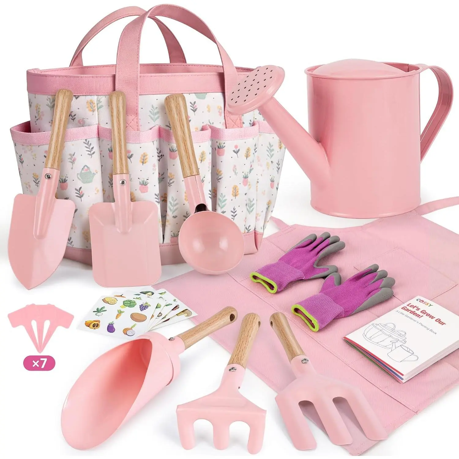 13PCS Kids Gardening Set Garden Tool Kit for Kids Toddlers Boys Girls, Includes Tote Bag, Watering Can, Shovels, Rake, Gardening Gloves, Apron, Pink