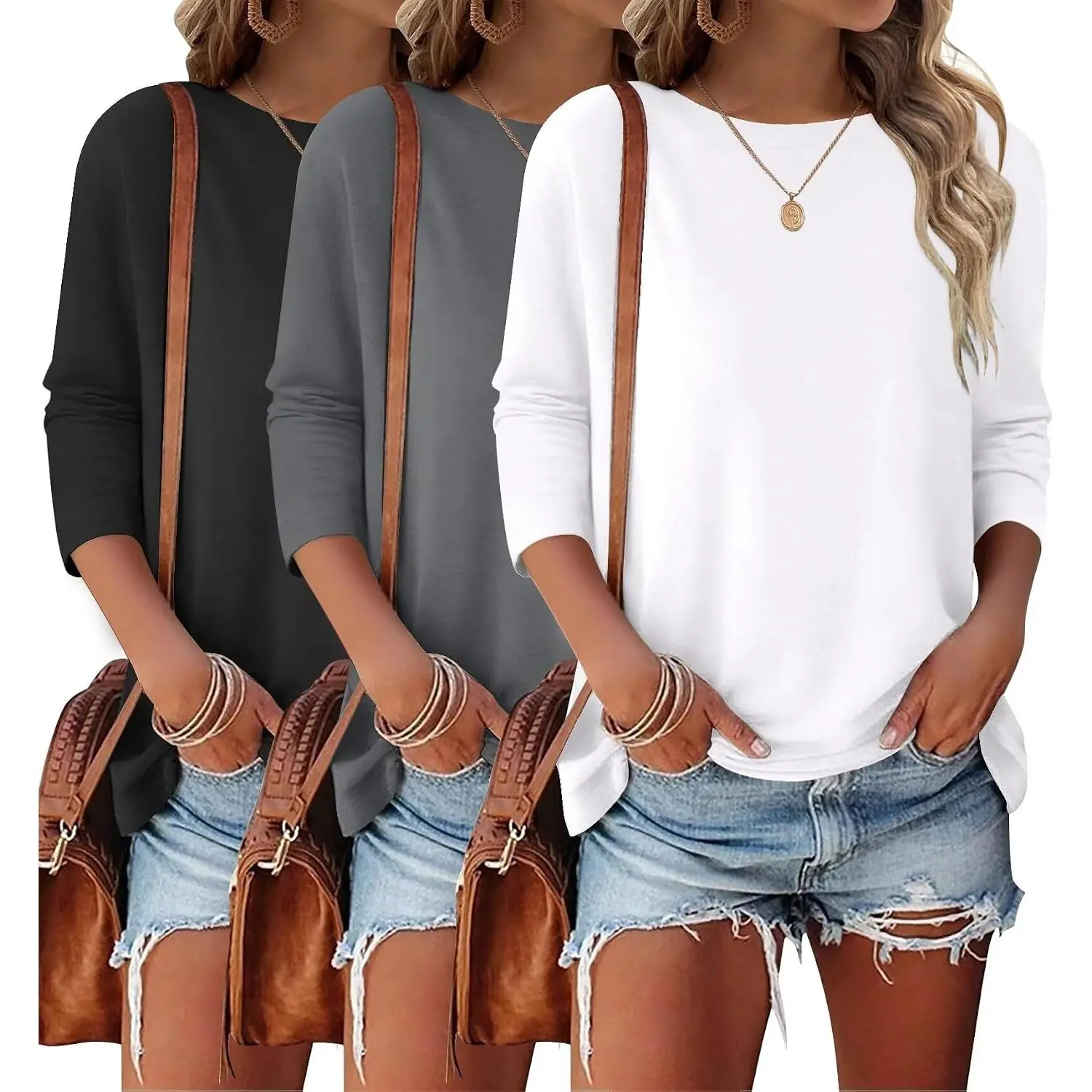 Women's 3-Pack 3/4 Sleeve Crewneck T-Shirts - Solid, Breathable, Classic Basic Casual Tees, Loose Fit Blouses, Summer Clothes, Fall Layering Tops, Work Outfits, Machine Washable Fabric Fashion