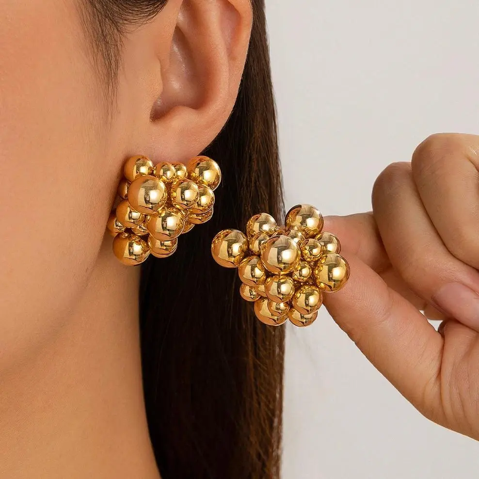 Ingemark Unique Braided CCB Plastic Ball Bead Stud Earrings for Women Trendy Goth Gold Color Piercing Earring Party Jewelry Gift