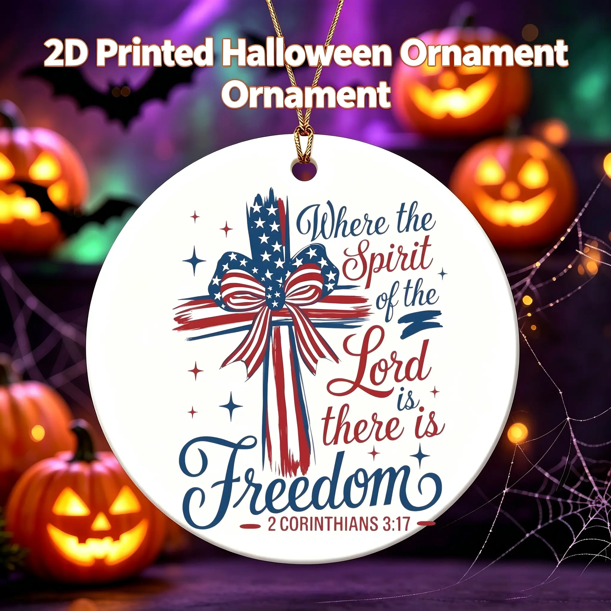 Patriotic Style Ceramic Ornament American Flag Cross With Bible Verse 2 Corinthians 3:17 Christian Home Decor 3 Inch