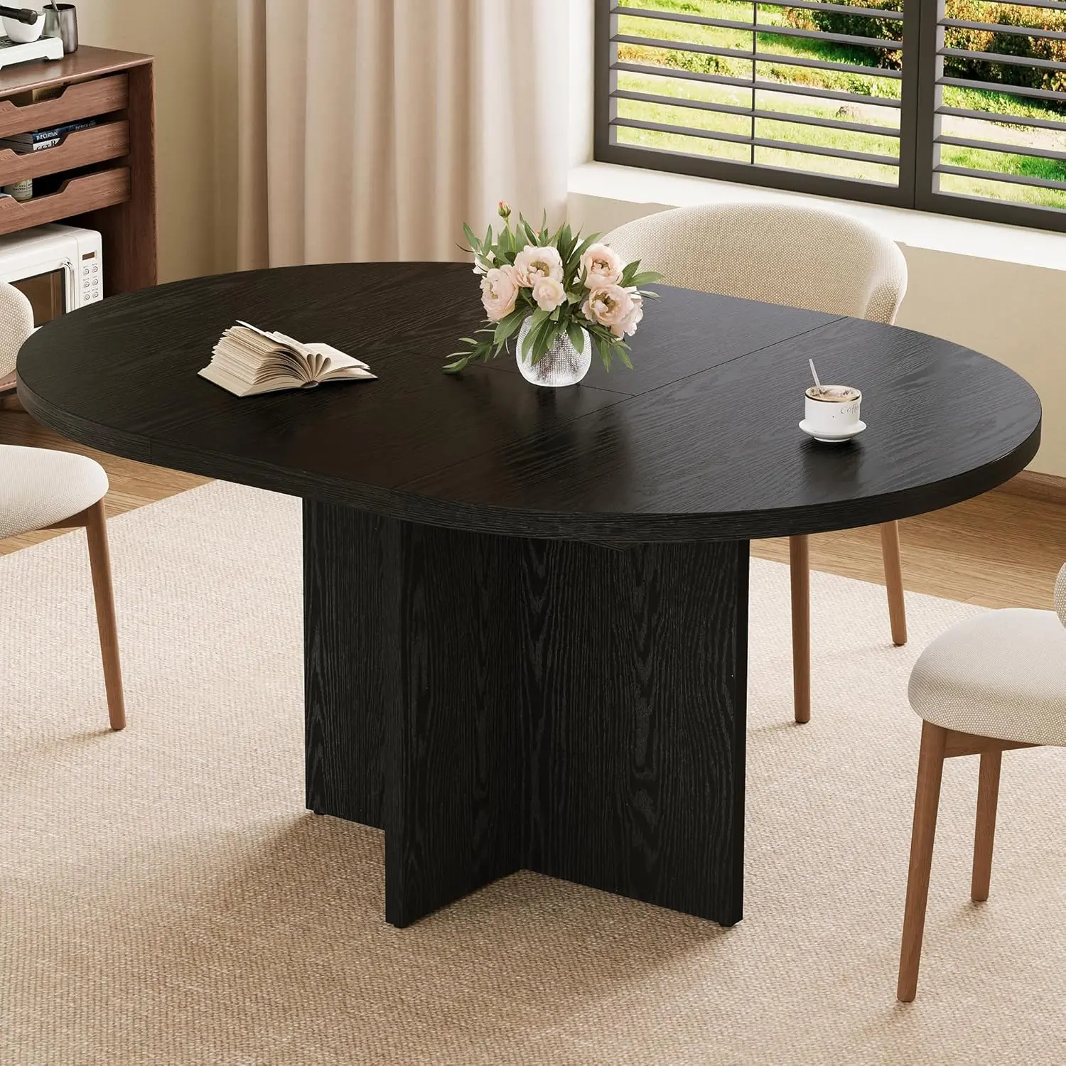 Garvee Extendable Round-to-Oval Dining Table 43.3-58.3 in - Removable Leaf - Seats 4-8 - Cross Pedestal X-Base - Space-Saving Farmhouse Modern