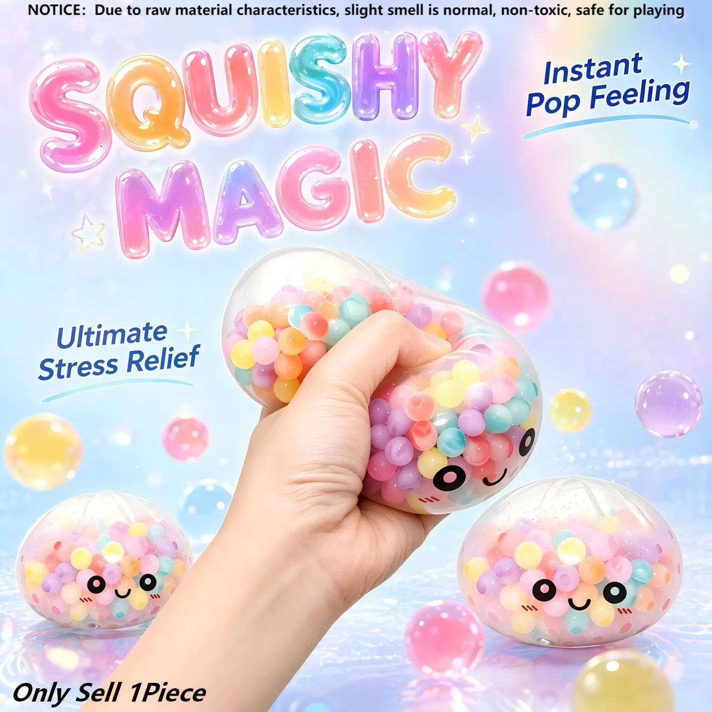 Kawaii Clear Bead-Filled Dumpling Squishy Fidget Toy, Soft Transparent Stretch Squeeze Ball with Pastel Multicolor Inner Beads, Cute Smiley Face Stress Relief Sensory Toy, Anxiety Calming Gift for Kids & Adults, Great for Prank, Desktop Decor, Squishy Fun
