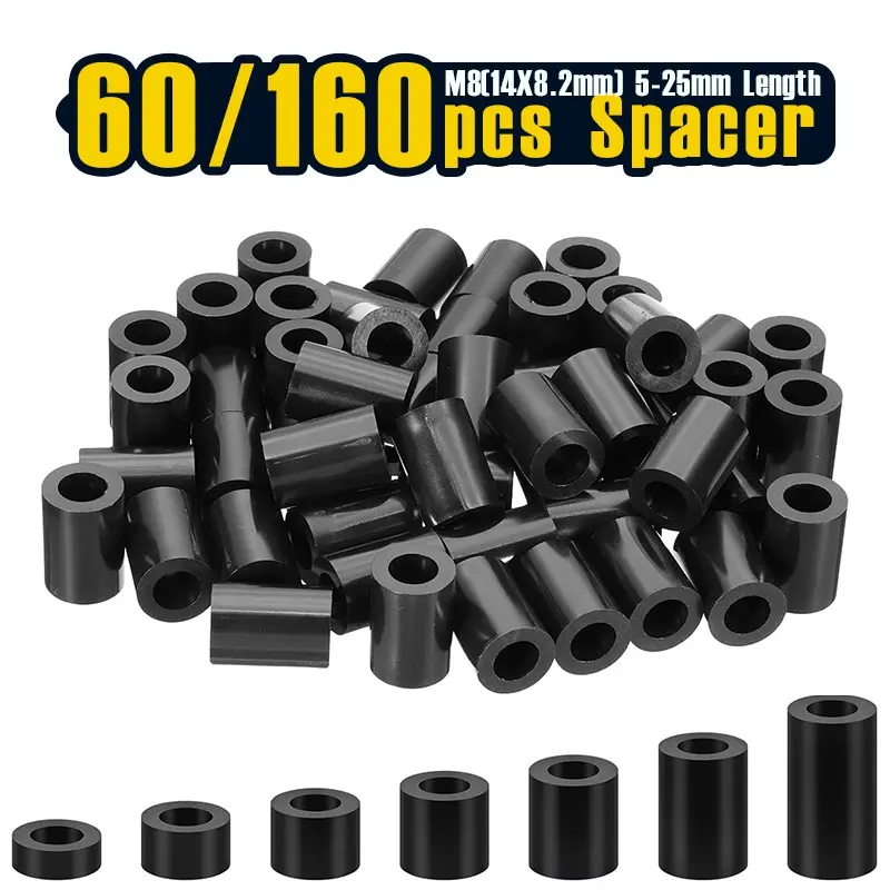 60-160 Pcs, M8 ABS Spacers 5/16" ID x 9/16" ODx5-25mm L Durable Plastic Round Spacer Washers Black Standoff Nut Unthreaded for M8 Screw