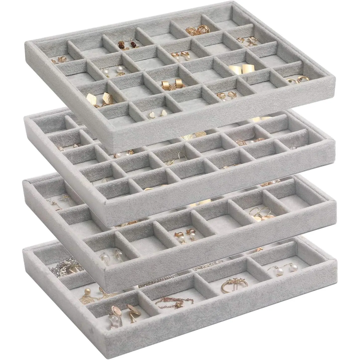 Set of 4 Stackable Velvet Jewelry Trays Organizer, Jewelry Display Storage Box Showcase Holder Dresser Drawer Organizer for Earring Necklace Bracelet Ring Accessary, Grey