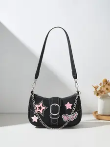 Women's Y2K Star Patch Hobo Bag with Chain Detail & Buckle Strap Shoulder Purse