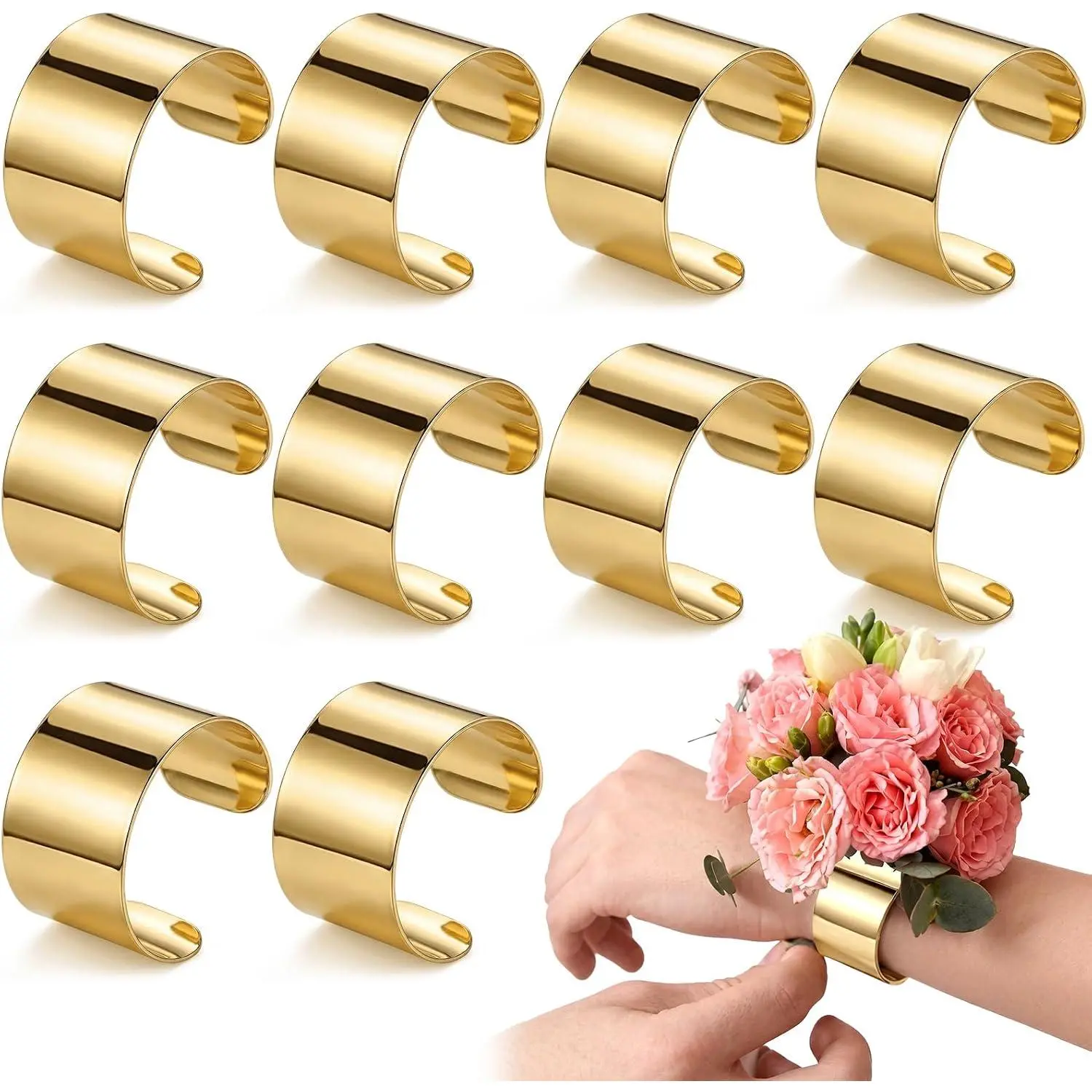 10 count Corsage Wristlet Bracelet Bands for Women Cuff Bangle Bracelet Wrist Corsage DIY Wedding Wristband Wide Open Adjustable Accessory for Wedding Bridal Party Prom