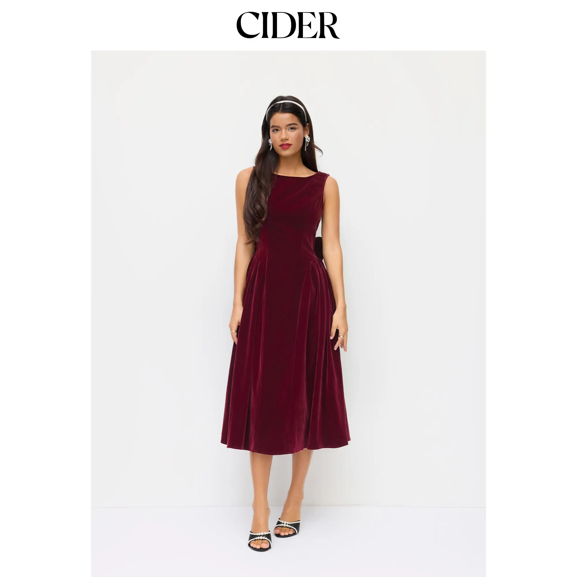 Cider Velvet Boat Neck Bowknot Backless Midi Dress
