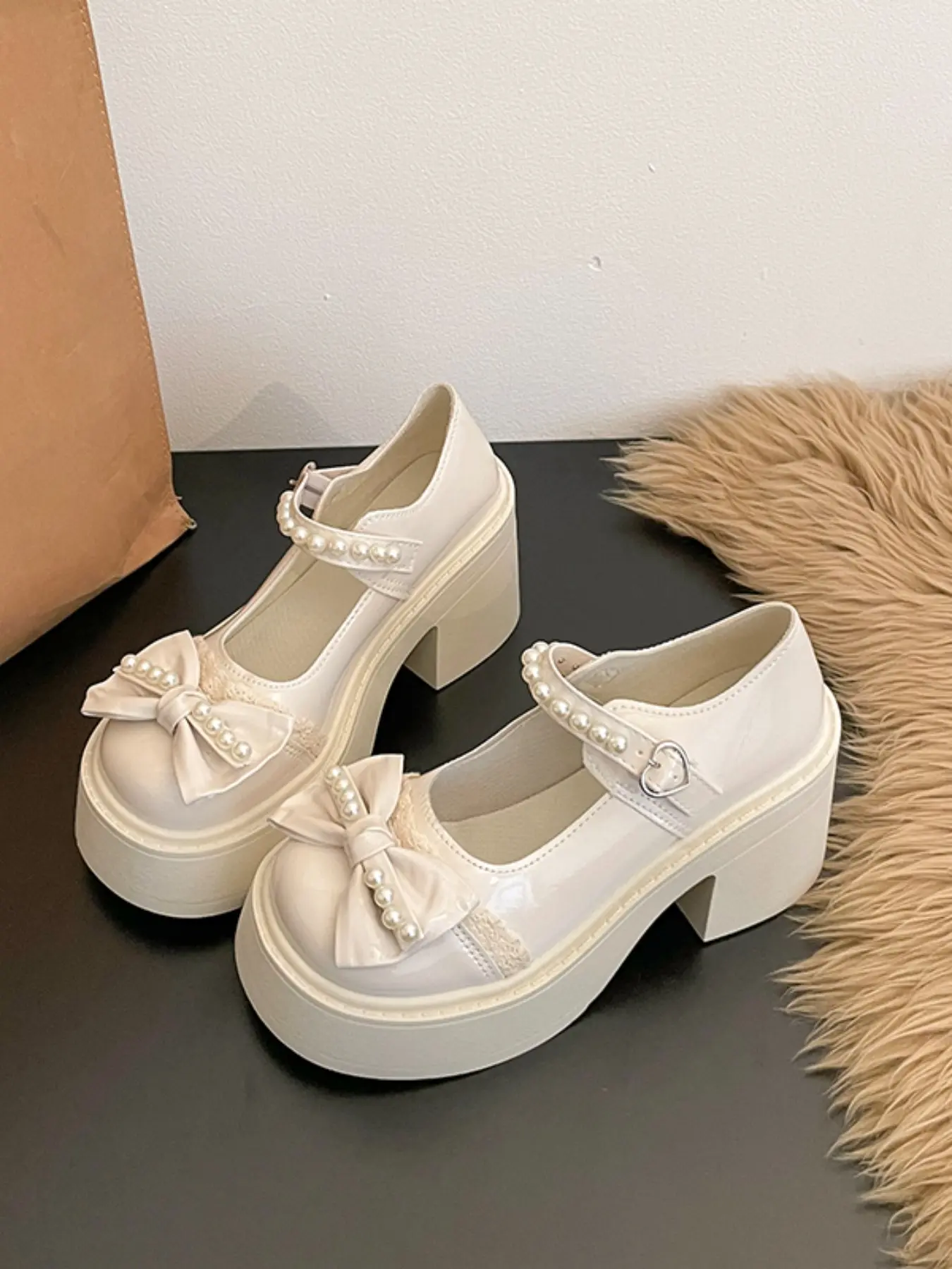 Sweet Lolita Pearl Thick Sole Mary Jane Shoes, Lace Bow High Heel Sandals, Cute Jk Uniform Girl Skirt Shoes, Fashionable and Comfortable, Soled Shoes