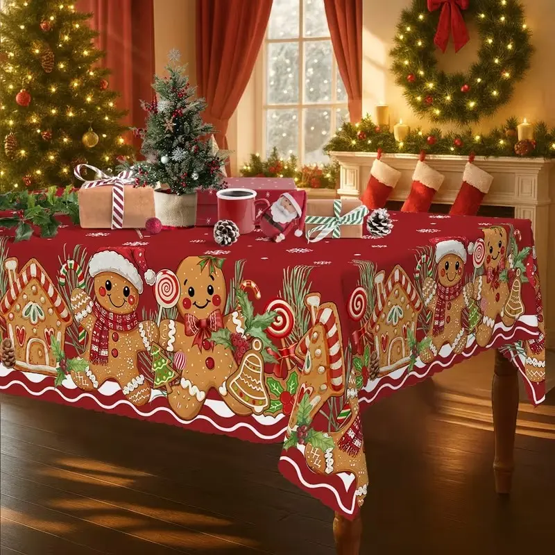 Christmas Tablecloth, Santa Hat Scarf Bow Design, Winter Gingerbread House, Home Kitchen Restaurant Garden Party Decor, No Power Needed