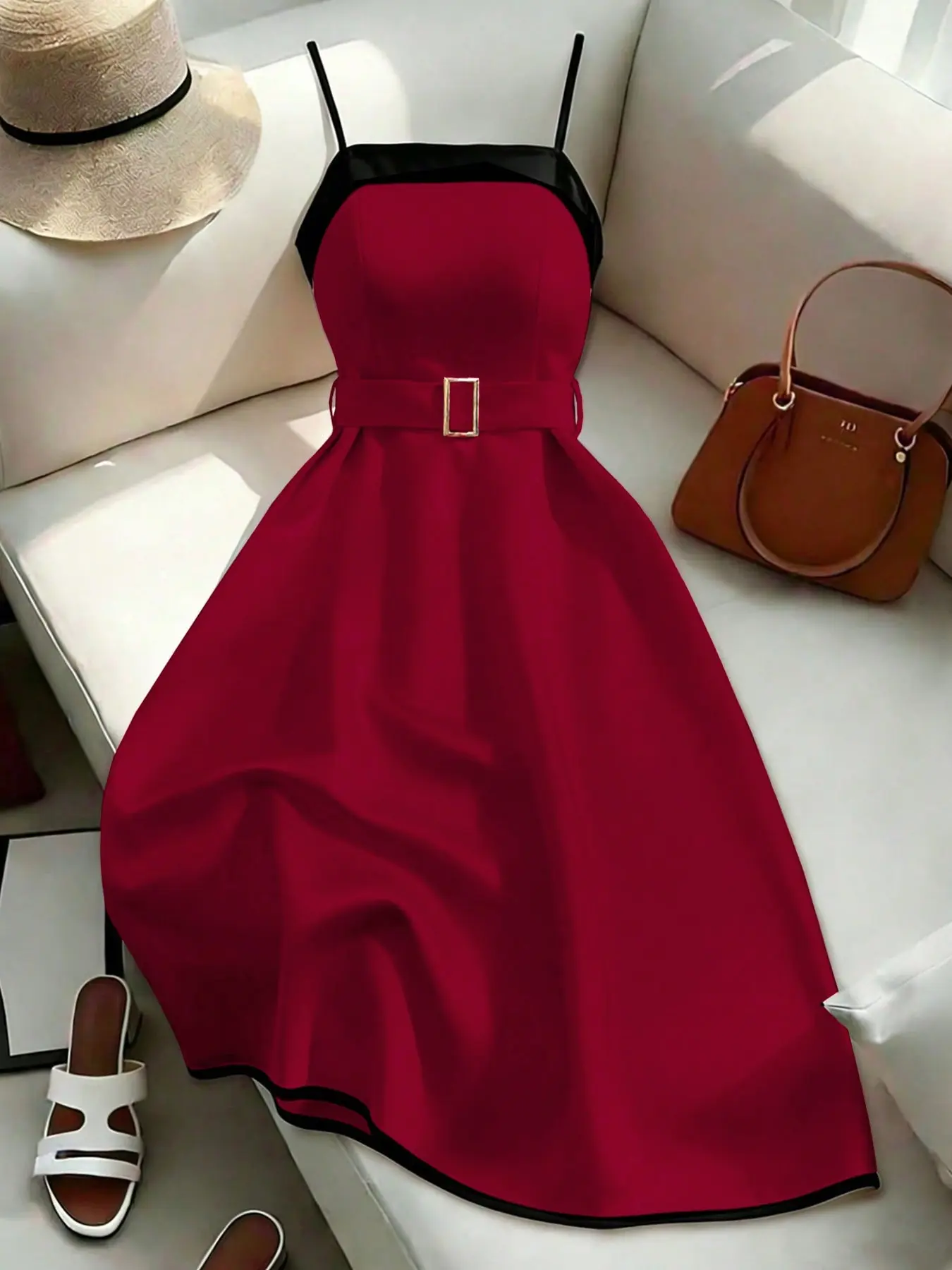 Colorblock Chic Aesthetic Elegant A-Line Midi Dress, Thin Strap Waist Belted Dress, Vintage French Gown, Summer New Arrival, Casual Vacation Style, Ffsp2671