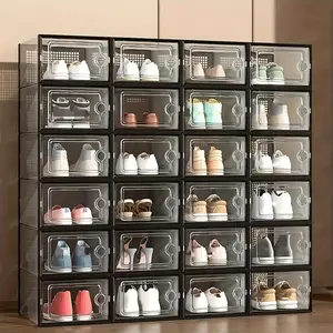 6/12/24 Pcs Thickened Transparent Shoe Boxes with Lids, Foldable, Collapsible and Stackable Shoe Rack, Space-Saving Storage Organizer Box - Combinable, Plastic Storage Box - Fits All Shoe Types - Perfect for Entryways, Bedrooms, Dormitories