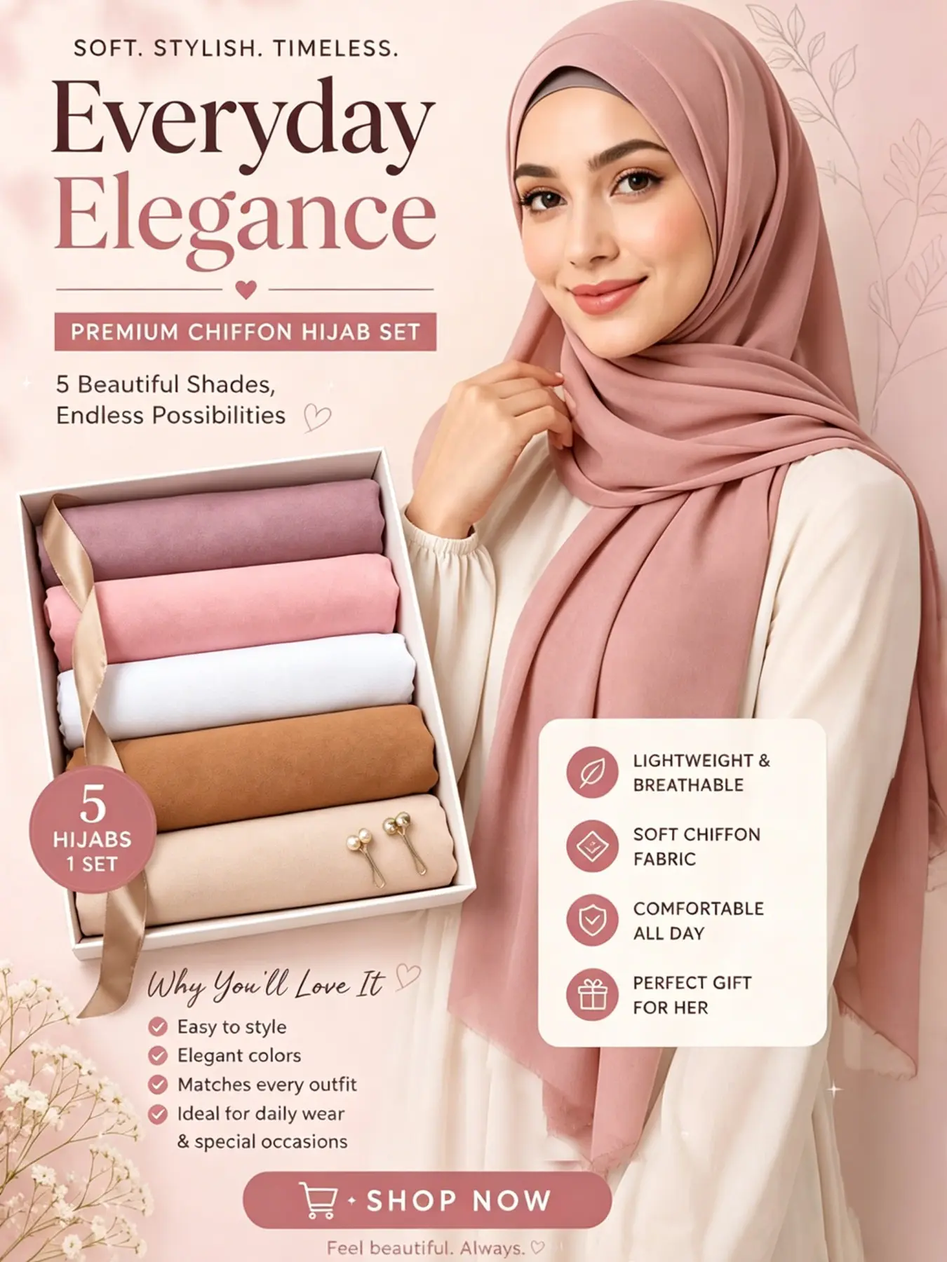 1 Box 5pcs Solid Color Chiffon Headscarves + 2pcs Hair Clips, Elegant Lightweight Scarf Set for Daily Casual Wear, All Seasons Turbans