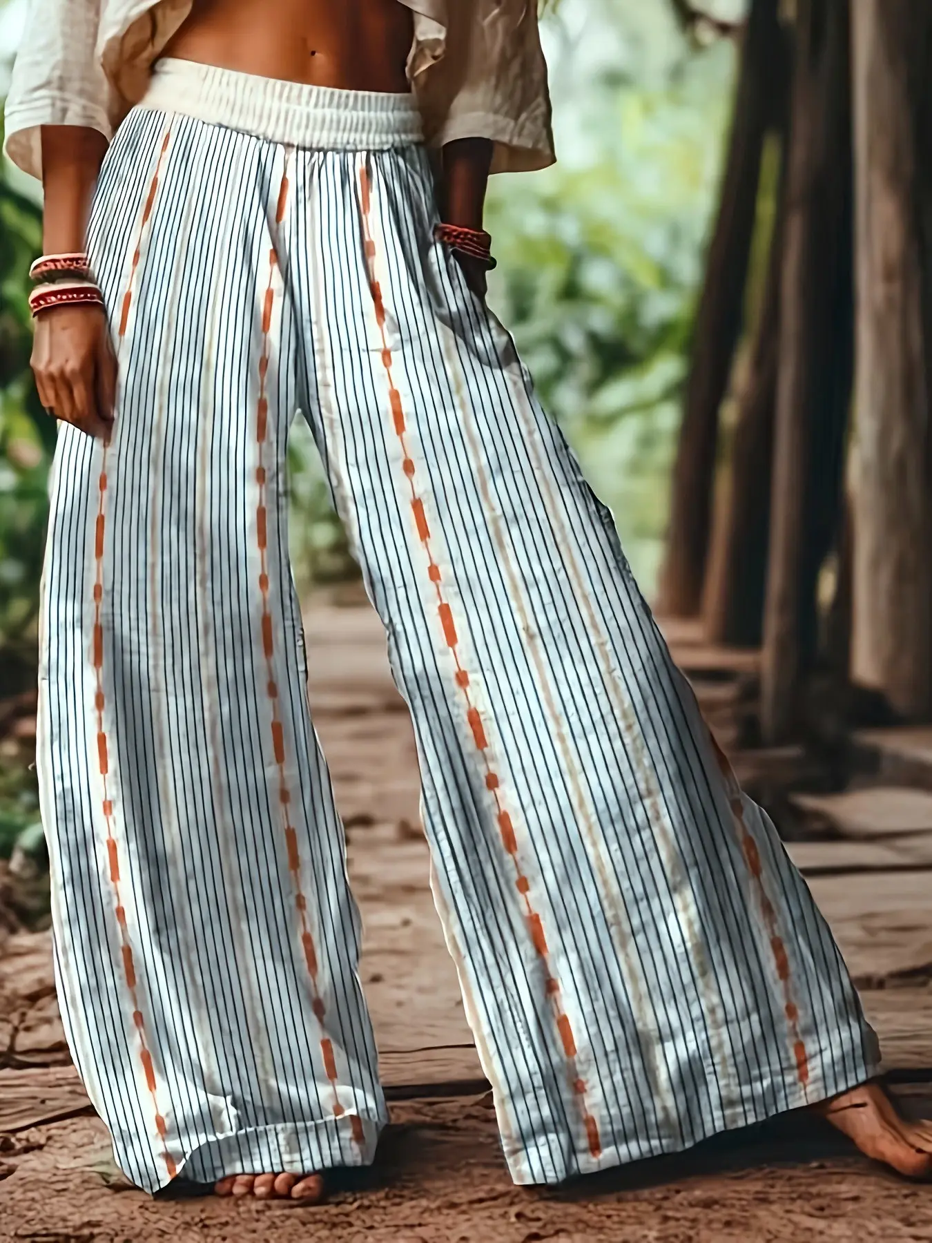 Women's Casual Boho Bohemian Striped Print Loose Baggy Oversized Long Pants, Elastic Waist, Comfortable Breathable Fabric, Ideal for Vacation, Home and Daily Wear, Suitable for Spring, Summer and Fall