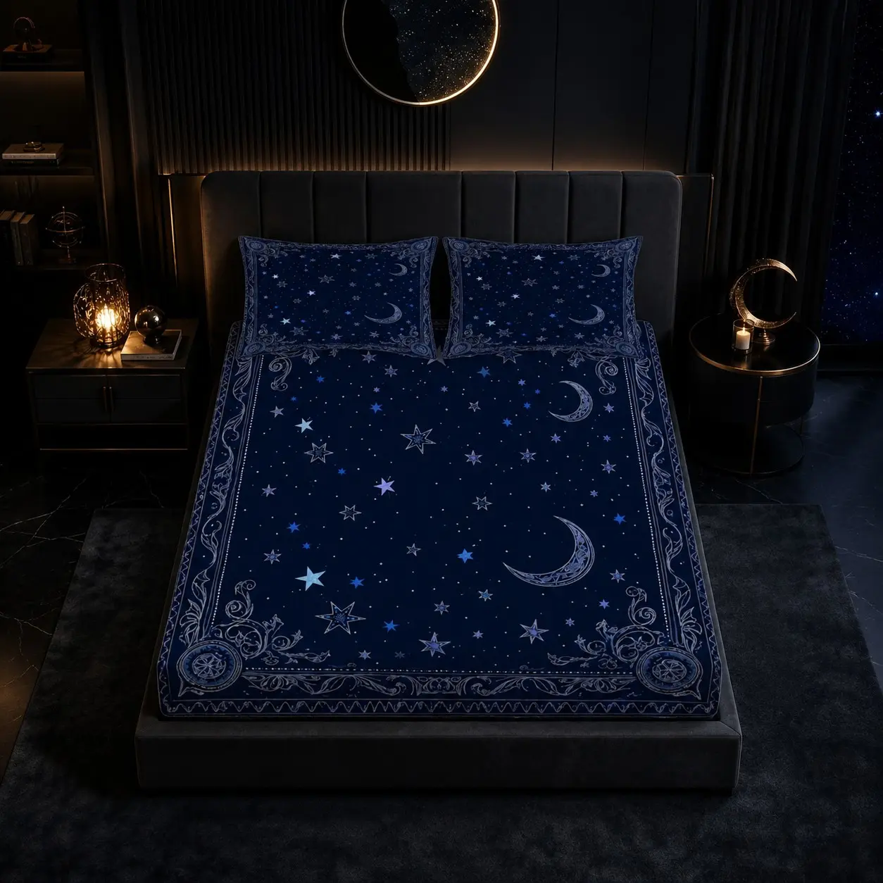 Vintage Star & Moon Fitted Sheet 3 Piece Set (1 Fitted Sheet + 2 Pillowcases, No Pillow Inserts), Breathable Deep Pocket Design, Soft Skin-Friendly Fabric, for Teens & Adults Bedrooms, Perfect Holiday Gift