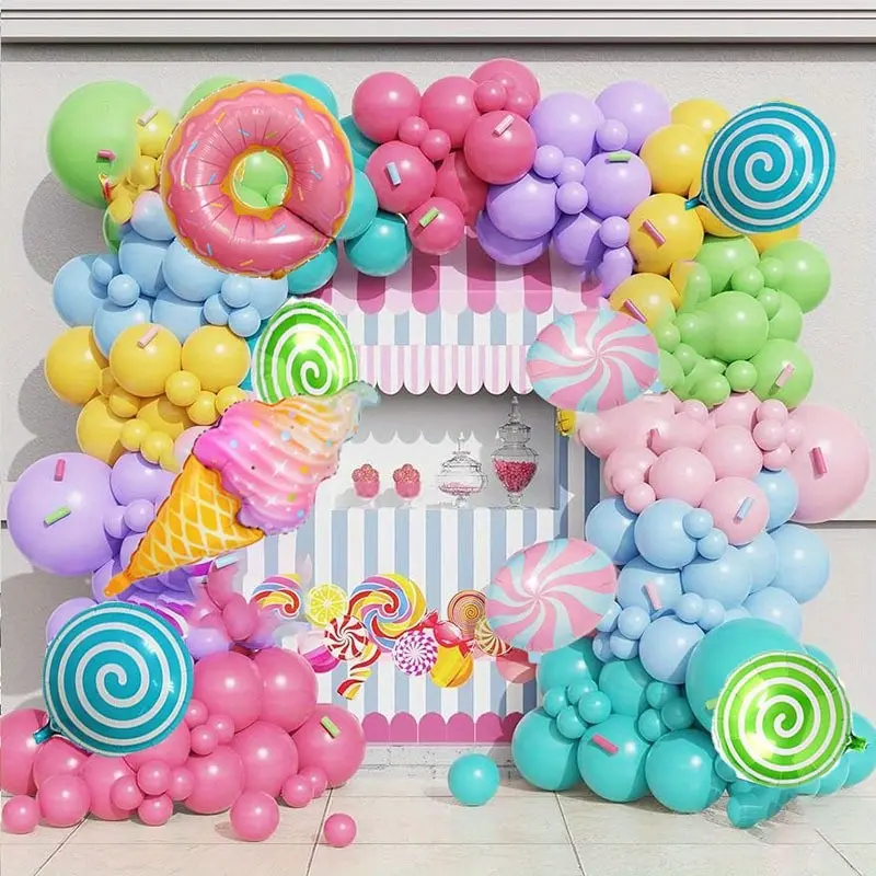 145pcs Rainbow Candy Theme Balloon Decoration Set, Lollipop Ice Cream Donut Aluminum Foil Balloons, Birthday Party Decor, Spring Summer Photography Props