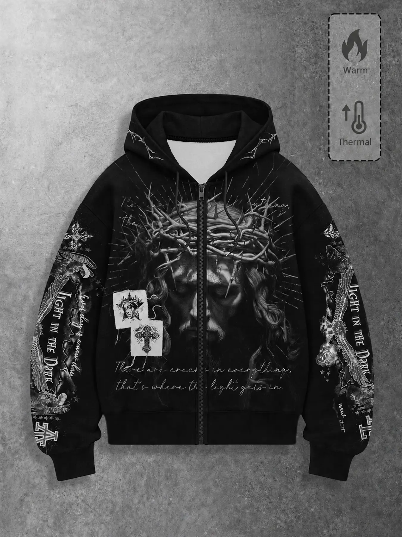 Men's Zipper Hooded Sweatshirt, Loose Fit Hoodie, Gothic Thorn Print, Thick Warm Fabric, Loose Fit, Streetwear for Subculture Lovers, All Seasons