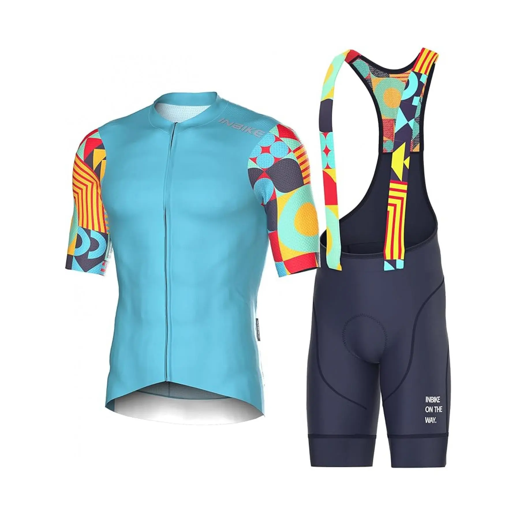 Men's cycling outfit, including a breathable cycling suit and quick-drying belted shorts, suitable for cycling.