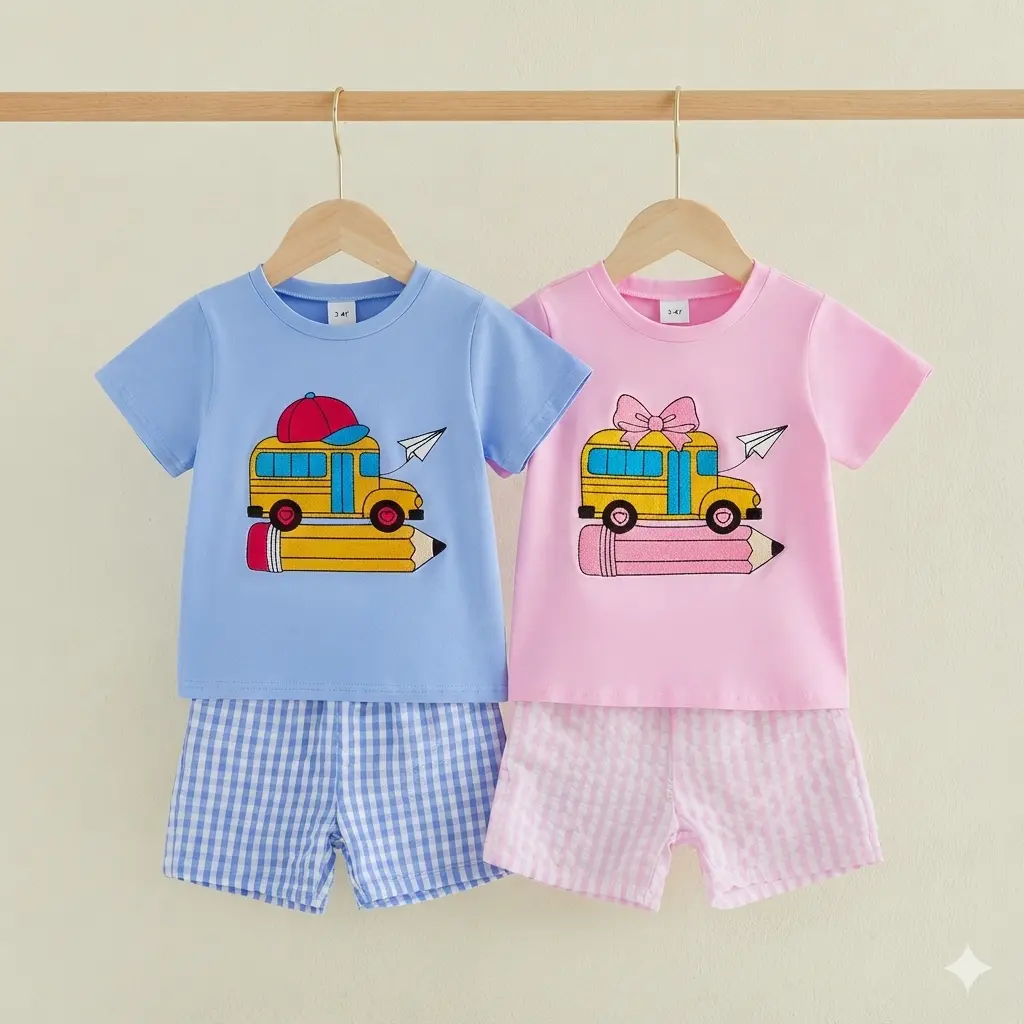 Toddler Girl 2-Piece Back to School Polyester Outfits Set - Bus Print, Pencil Motif Short Sleeve Cute Shirt & Plaid Shorts, Toddler Size Polyester Clothes, Cute Shirts