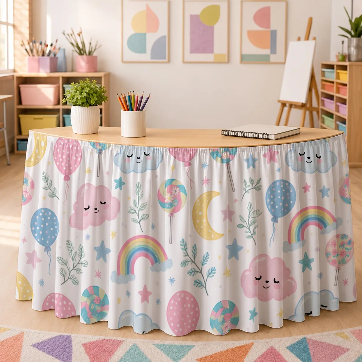 Pastel Dreamy Cloud & Rainbow Tablecloth with Table Skirt, 1 Piece