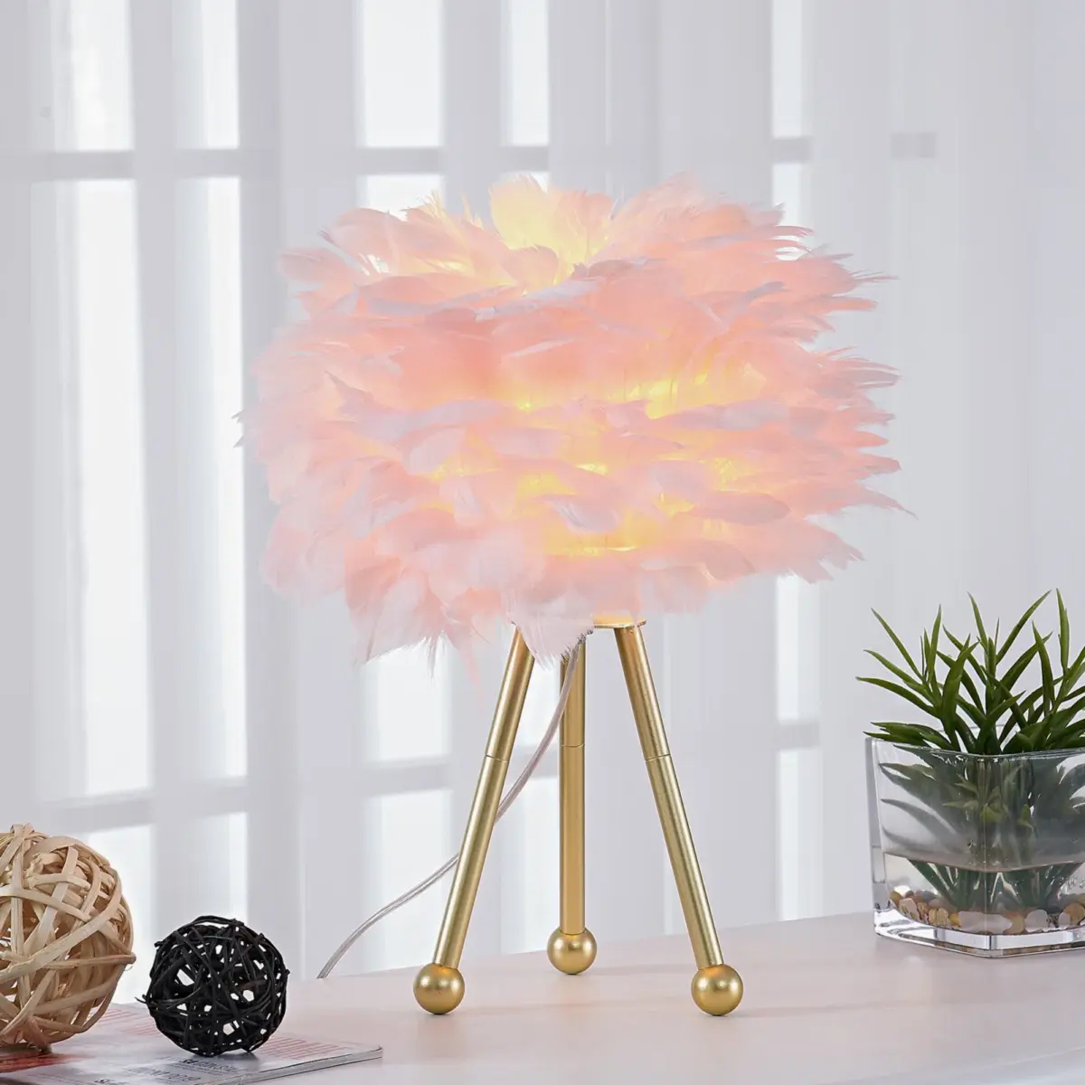 14.5" Pink Feather Table Lamp, Small Gold Tripod Bedside Nightstand Lamp with Feather Shade for Living Room, Dining Room