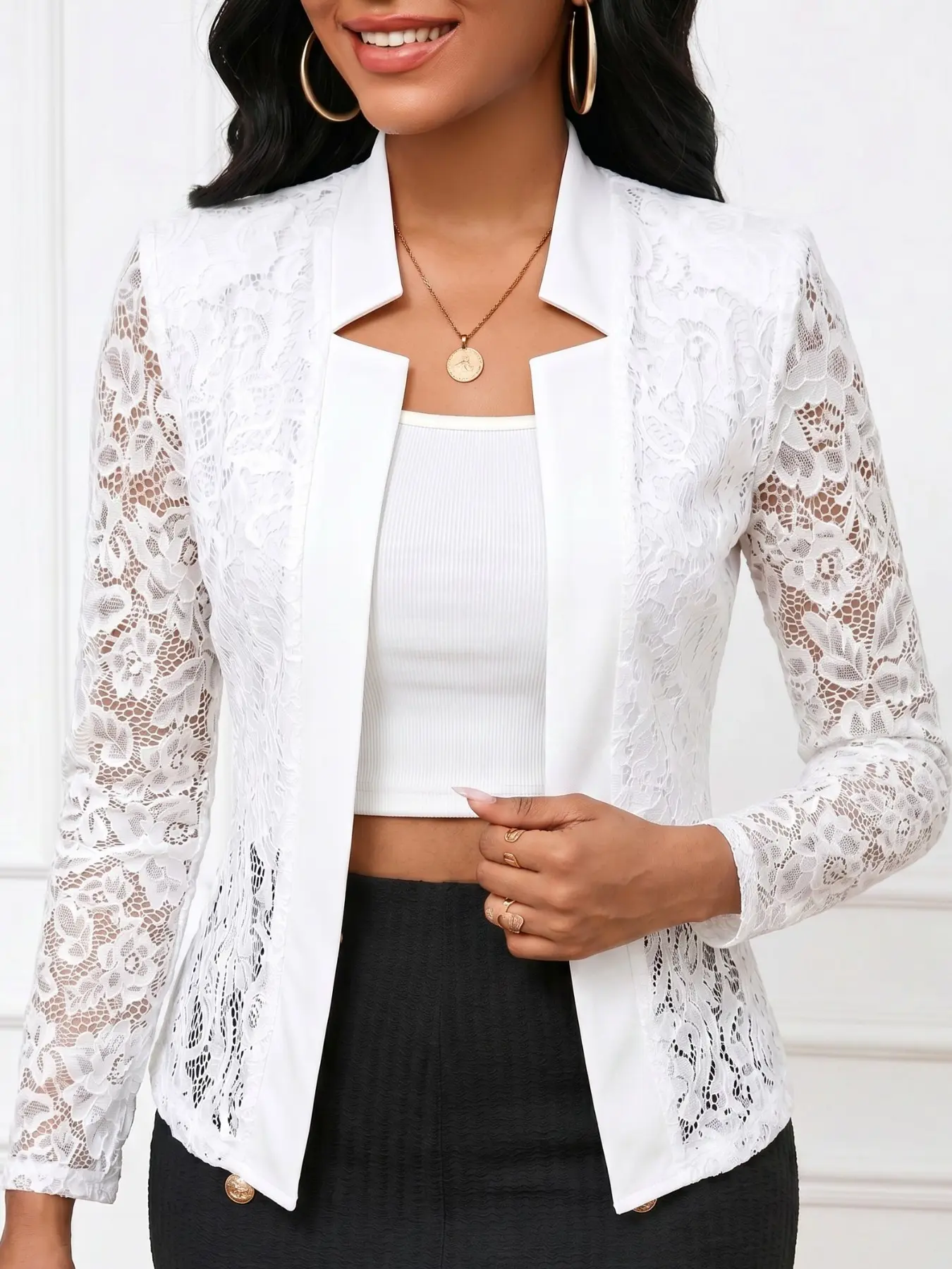 French Chic Lace Button Blazer, Stand Collar Design, Long Sleeve Sheer Lace, Slimming Office Date Outerwear, Elegant Top for Women, Formal Business Attire