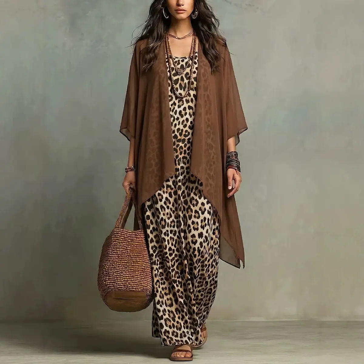 Women's Retro 2-Piece Animal Print Strap Long Dress Set with Regular Sleeve Chiffon Cardigan for Spring & Autumn, Plus Sizes Available