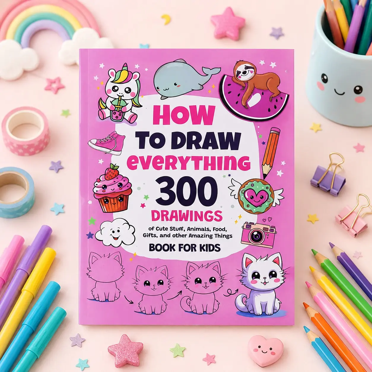 How to Draw 300 Cute Cartoon Animal Food Patterns Hand Drawing Practice Book, Step-By-Step Drawing Guide, Educational Art Activity Book for Beginners