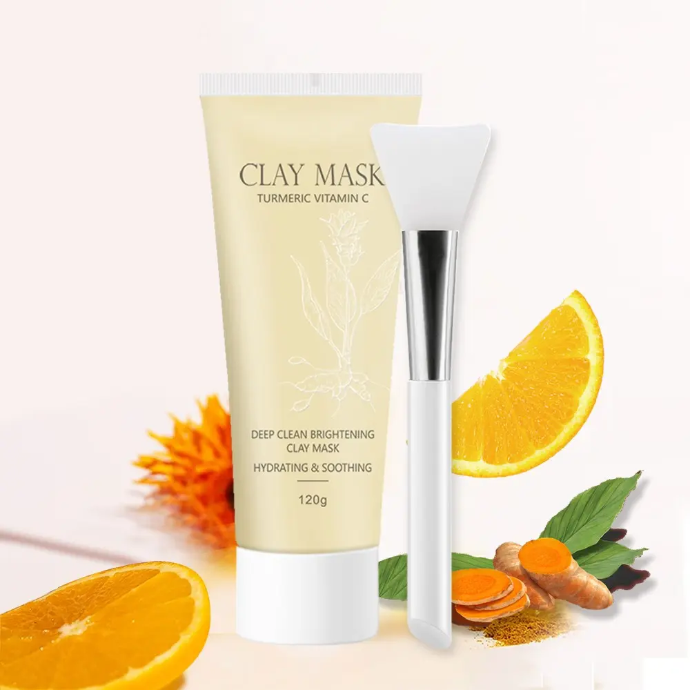 Turmeric Vitamin C Deep Clean Brightening Clay Mask With Brush, Even out skin tone Facial Mask, Refining Pores & Controlling Oil, Gentle Exfoliant Removes Dirt & Dry Skin Cells, Smooth & Radiant Skin