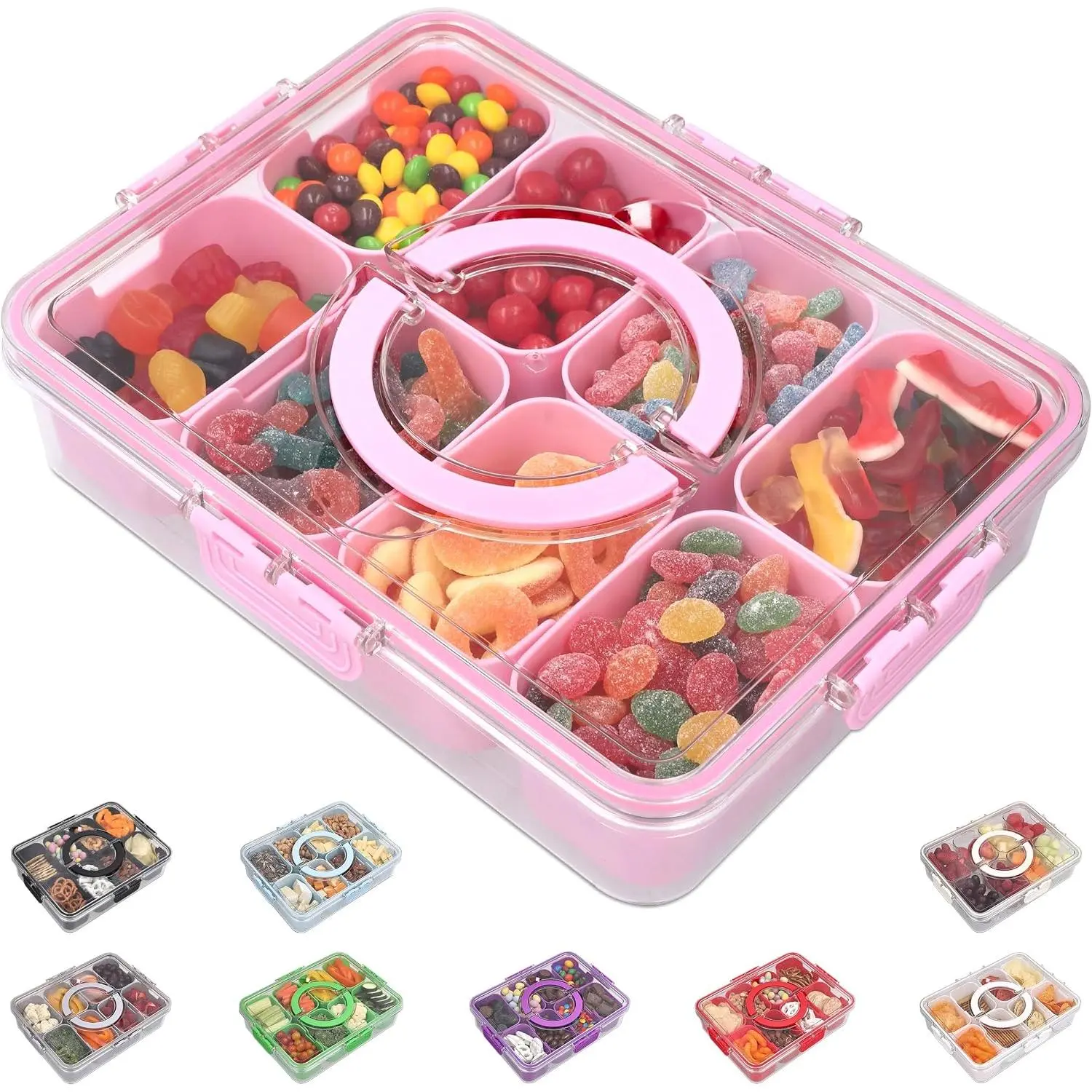 Snackle Box Container with Lid Travel Charcuterie Box with Handle Organizer for Candy, Fruit, Nuts, Veggies, Snacks, Beach Essentials, Portable Lunch Box (Pink, Large)