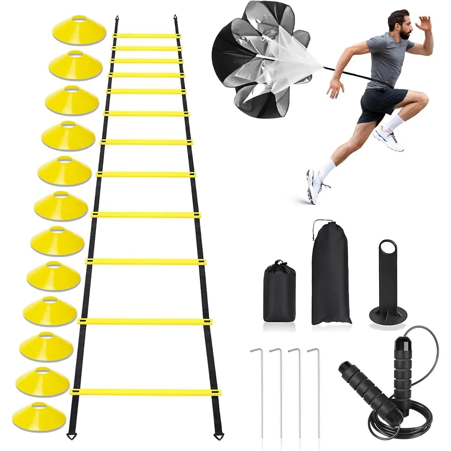 20 Feet Agility Speed Training Ladder Kit, Includes Soccer Cones, Jump Rope & Running Resistance Umbrella, Fitness Training Gear for Basketball, Football, Kids, Teens & Adults