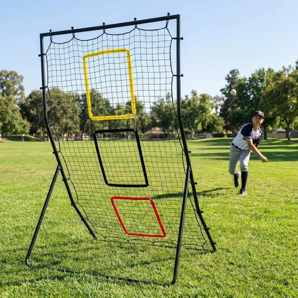 Durable 6x4 ft Baseball & Softball Rebounder Net – 3 Aim Zones Pitchback Trainer – Backstop for Pitching and Fielding Practice – Ideal for Teams and Solo Players