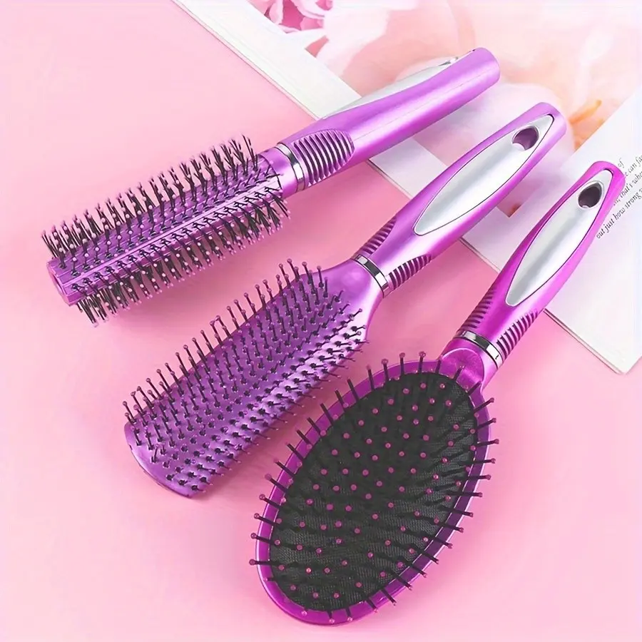 3pcs Random Color Hair Styling Tool Set, Roll Comb, Cushion Comb, Long Hair Comb, Scalp Massage Comb, Salon-Grade, Home & Travel Use, Plastic Combs, Hair Care Comb